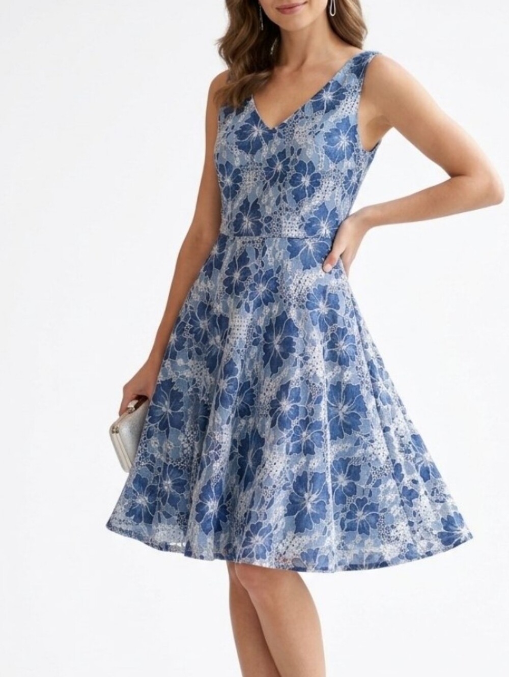 BB Dakota Blue Floral Lace V-Neck A-Line Dress Size 10